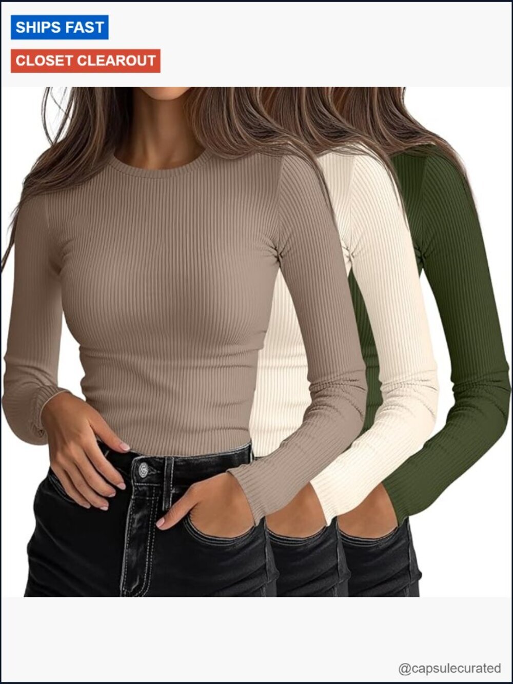 3 Pack Ribbed Long Sleeve Crew Neck Slim Fit Stretch Tees